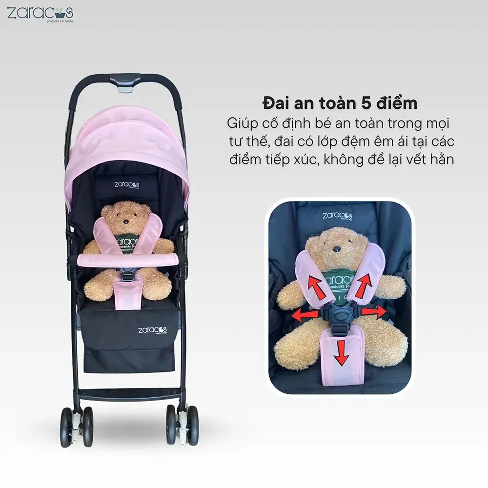 Cận cảnh đai an toàn 5 điểm và hệ thống phanh khóa bánh nhạy bén của một chiếc xe đẩy